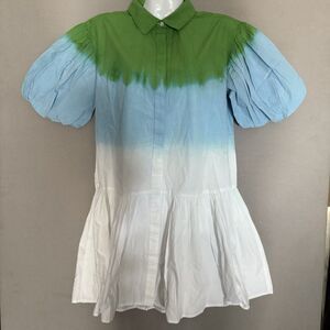 WKND Dress Extra Small Green Blue Womens Collared Puff Balloon Sleeve Frock It